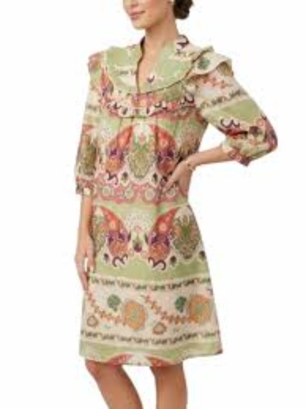 UMGEE Dress S Multicolor Border Print Mini Ruffle 3/4 Sleeve Lined Cottagecore